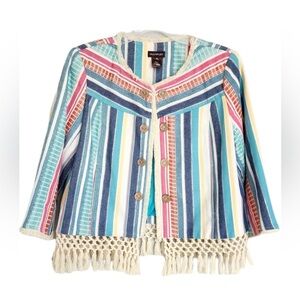 Womens Bohemian Striped Jacket Blazer Medium Festival Crochet Fringe Colorful